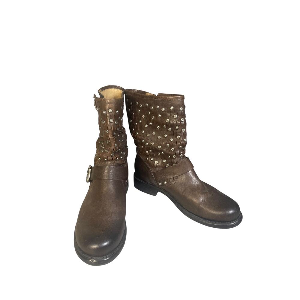 Frye Women’s 6.5B Jenna Cut Stud Short Distressed Brown Leather Moto Boots - Picture 2 of 9